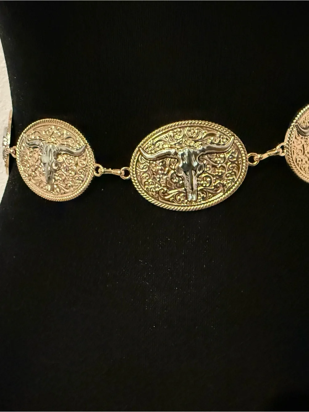 Western Longhorn Medallion Belt - Gold and Silver Tone